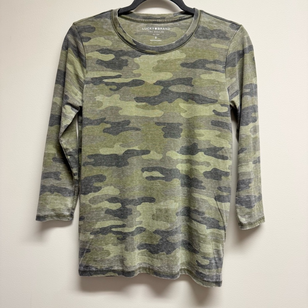 Lucky Brand Green Camo 3/4 Sleeve Cotton Blend Tee EUC Size S
